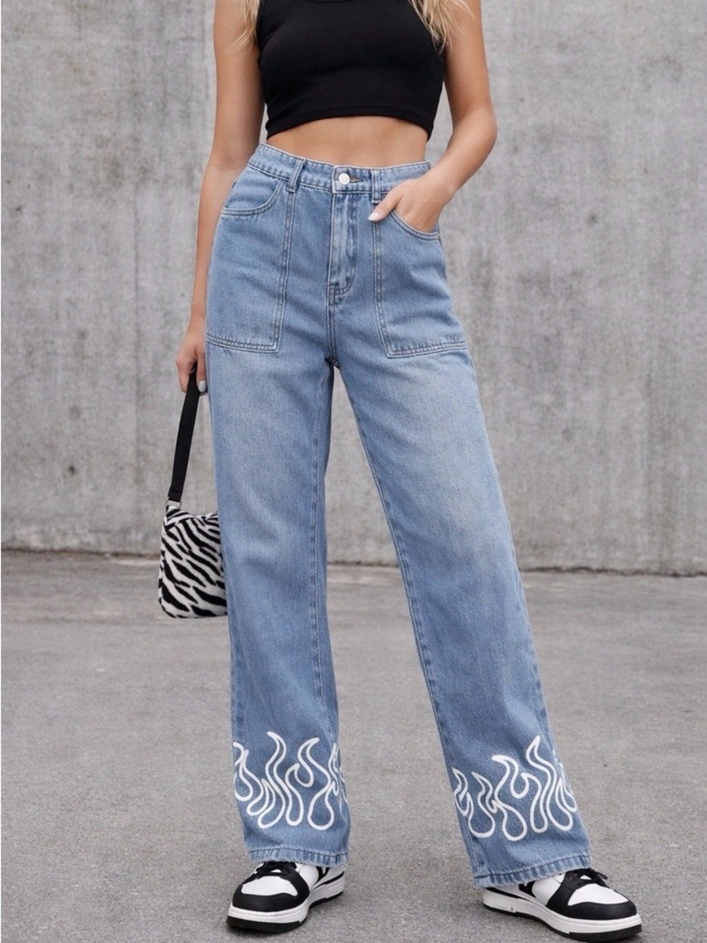 Manfinity Flame Jeans Y2K Streetwear Blue Denim Wide Leg Womens Small 32x30 - Picture 10 of 13